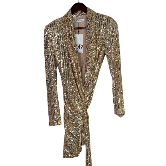 Zara Gold Sequin Wrap Tie Long Sleeve Tunic Mini Stretch Dress V Neck XS Gold - Picture 2 of 16